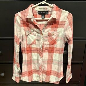 Pink and White Plaid Button-Up Shirt (Juniors’ Sizing)